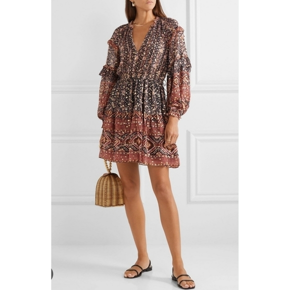 ULLA JOHNSON Erisa Silk Mini Dress Brown Metallic Size 2 - Picture 3 of 16